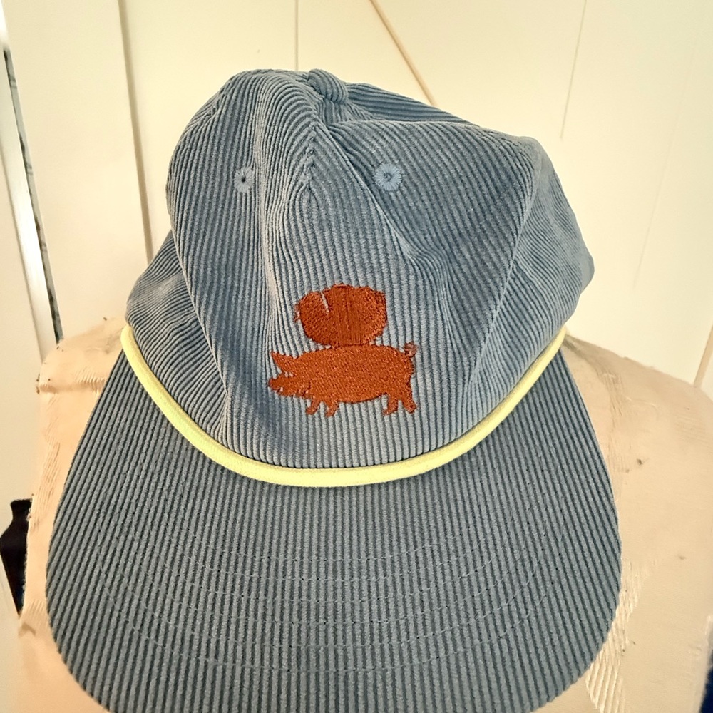 Thirsty Pig- Blue Corduroy Cap with Orange Pig Embroidery